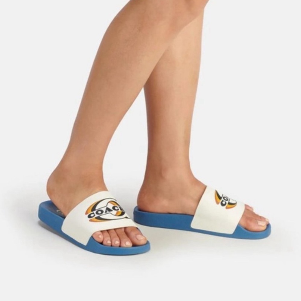 COACH CE496 Women's ULI SPORT SLIDE WITH STAMP CHALK SKY BLUE SHOE SIZE 5